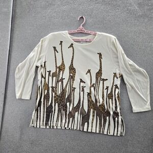 WWF Women Shirt 18 20 White Giraffes Graphic Print Long Sleeve Crew Neck Tee